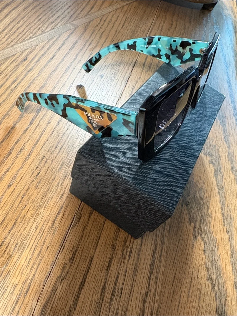 Prada Women’s Square Sunglasses with Turquoise Camo Temples